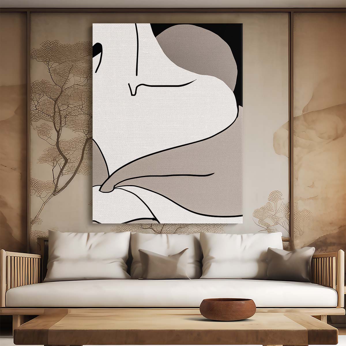 Mid-Century Beige Female Shoulder Abstract Illustration Art by Luxuriance Designs, made in USA