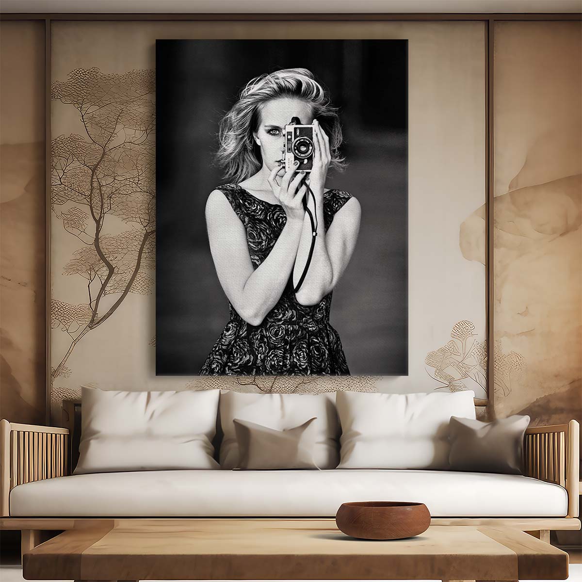 Monochrome Mood Portrait Woman with Camera in Floral Dress by Luxuriance Designs, made in USA