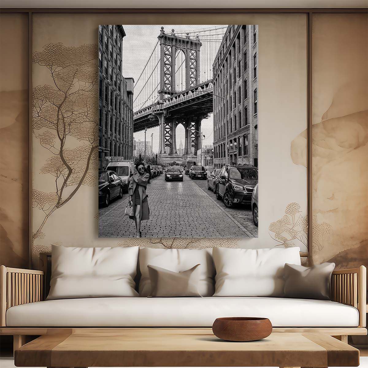 Brooklyn BW Photography Woman Walking by Iconic Manhattan Bridge by Luxuriance Designs, made in USA