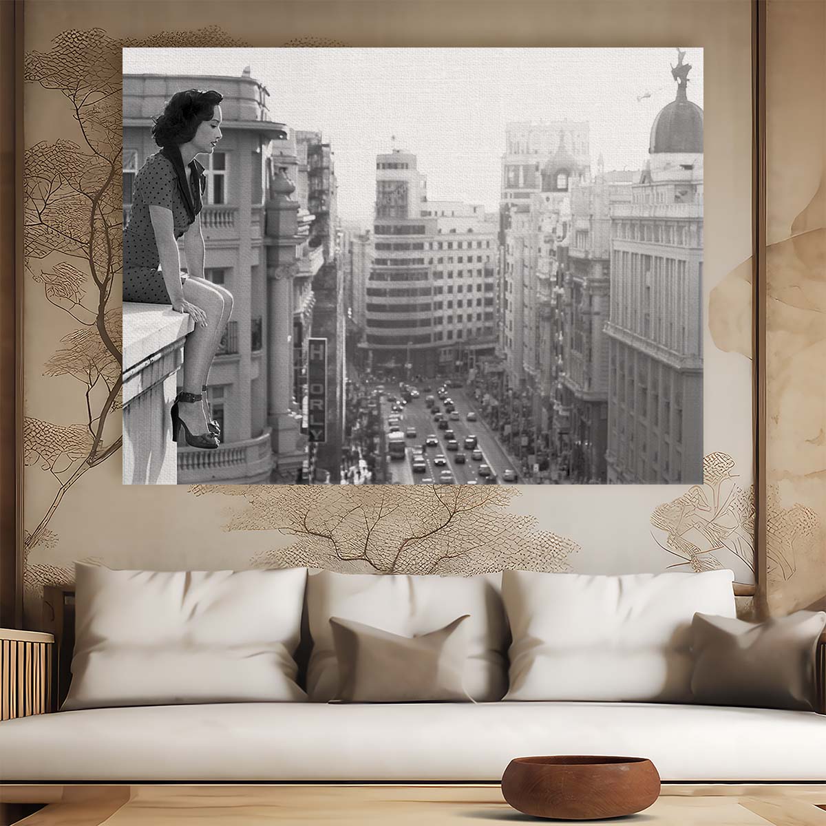 Vintage Madrid Rooftop View Woman in Monochrome Wall Art