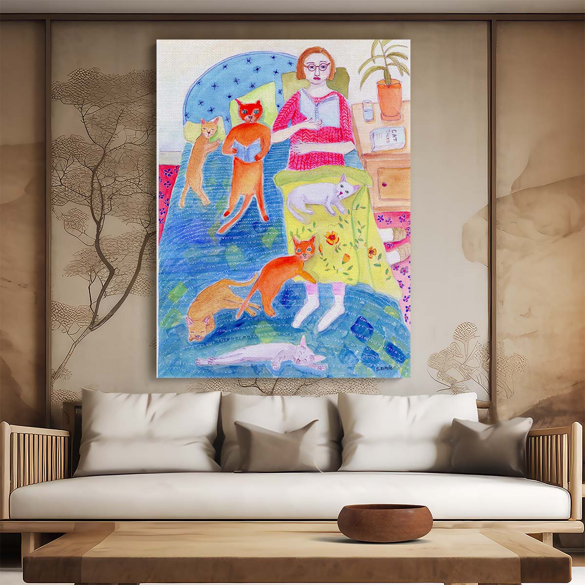 Colorful Humorous Illustration of Woman, Cat and Bedtime Ritual by Luxuriance Designs, made in USA