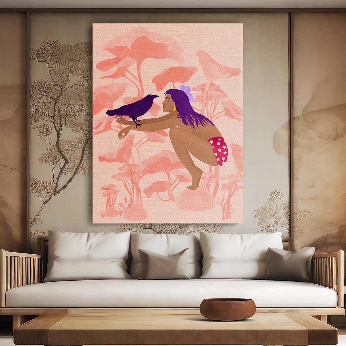 Dreamy Abstract Illustration of Woman with Raven in Vibrant Colours by Luxuriance Designs, made in USA