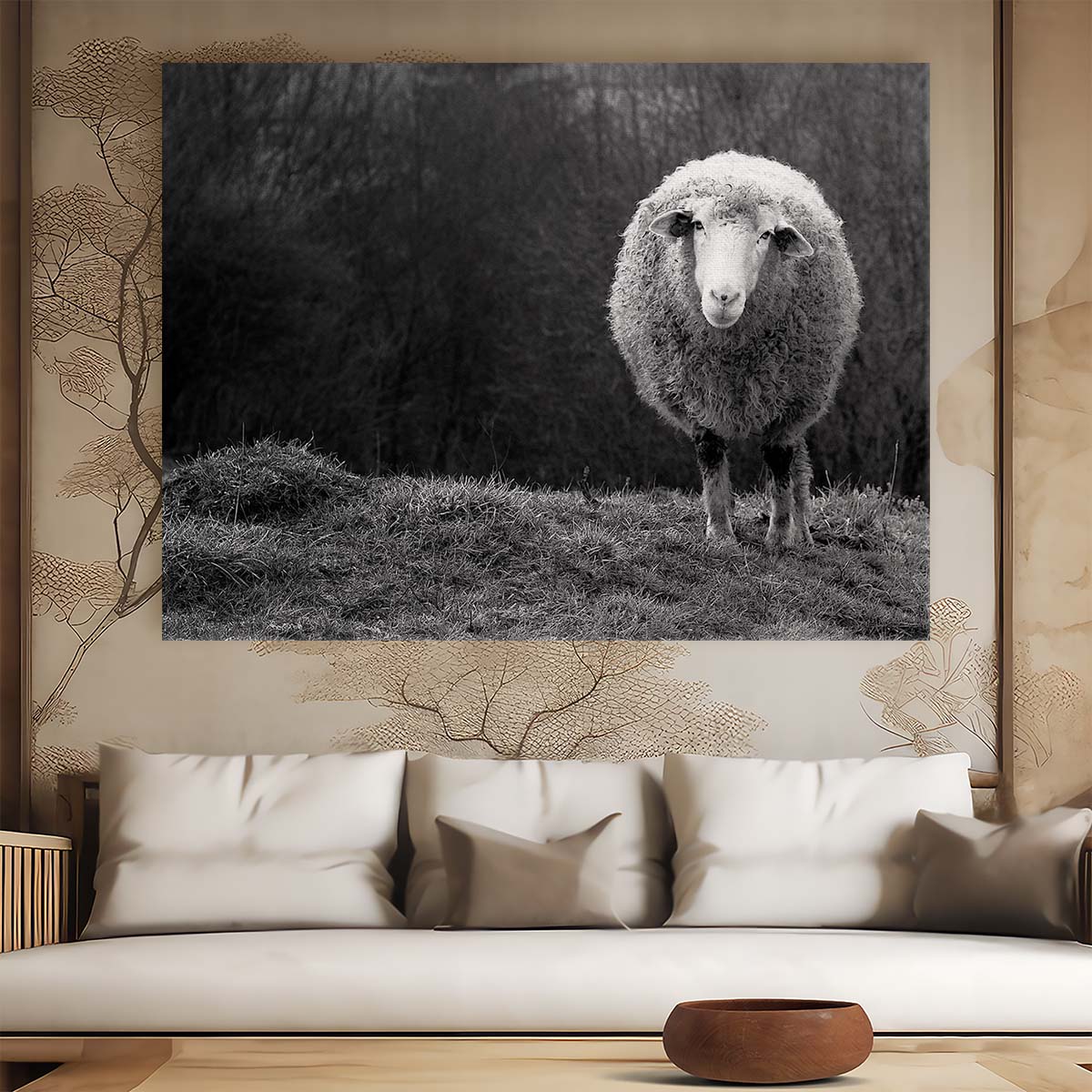 Pastoral Sheep in Monochrome Field Farmhouse Wall Art by Luxuriance Designs. Made in USA.