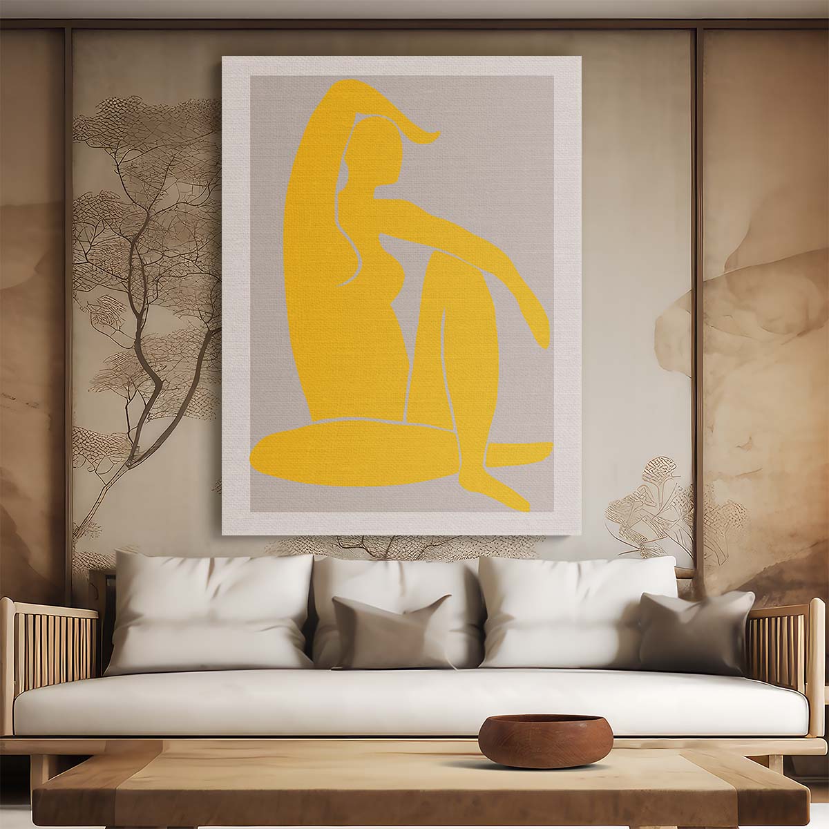 Mid-Century Yellow Woman Portrait Illustration, Figurative Wall Art by Luxuriance Designs, made in USA