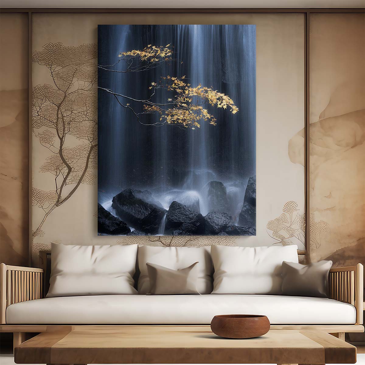 Tranquil Autumn Waterfall Landscape - Zen Meditation Photography Art by Luxuriance Designs, made in USA