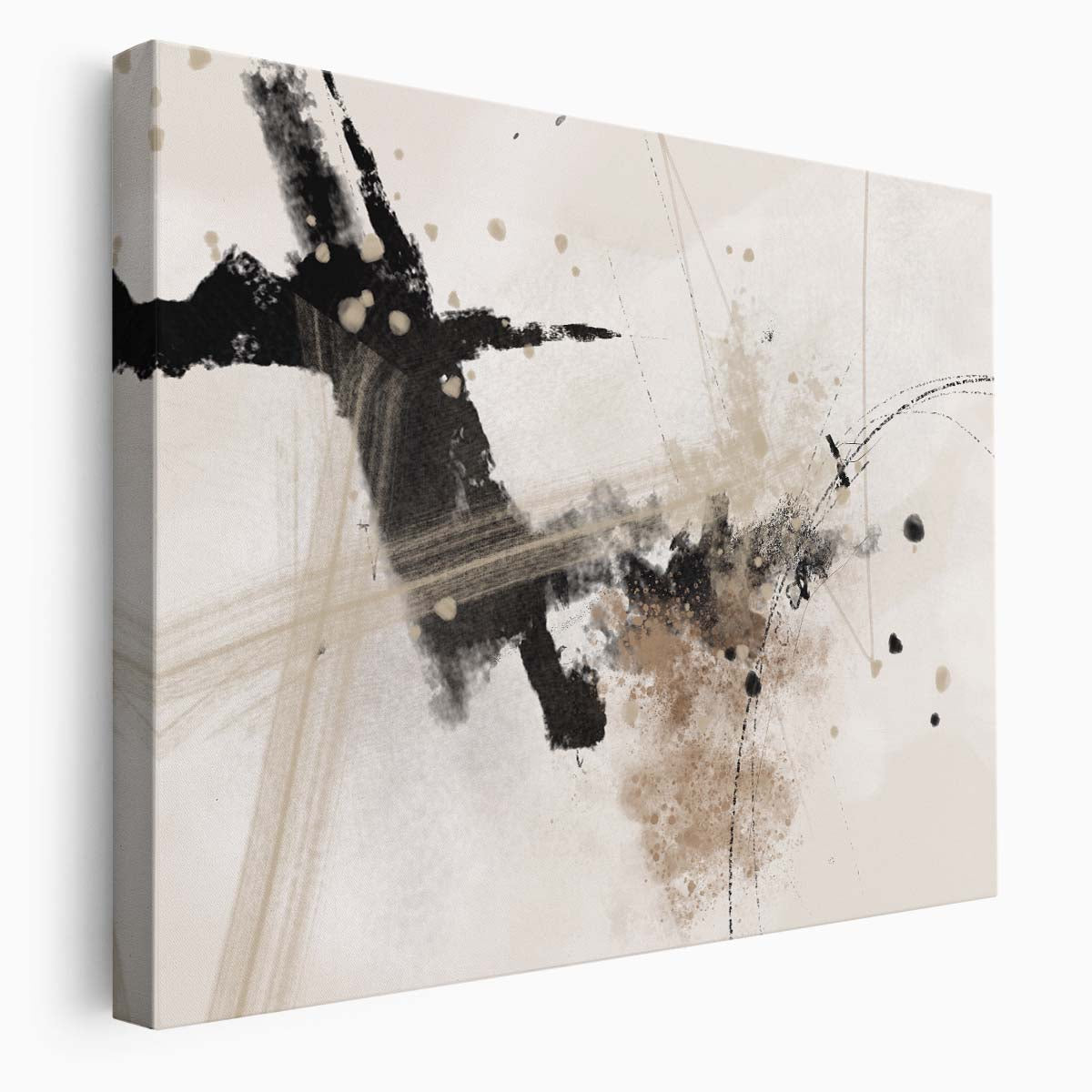 Geometric Abstract Beige & Black Paint Splash Wall Art by Luxuriance Designs. Made in USA.