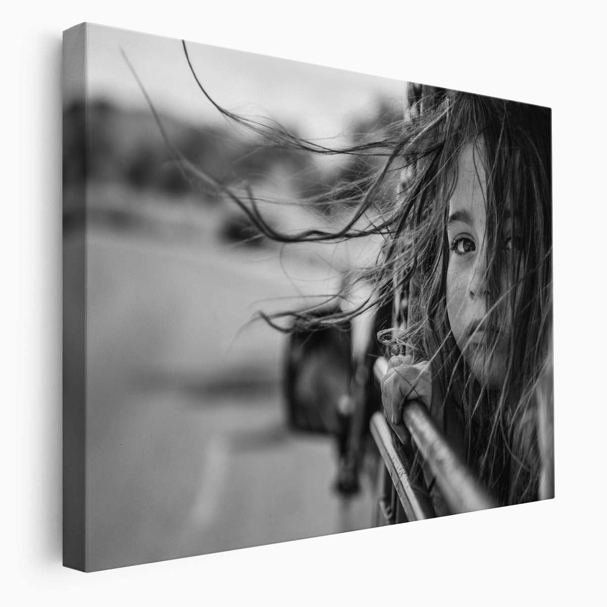 WindSwept Girl Portrait in Monochrome Wall Art by Luxuriance Designs. Made in USA.