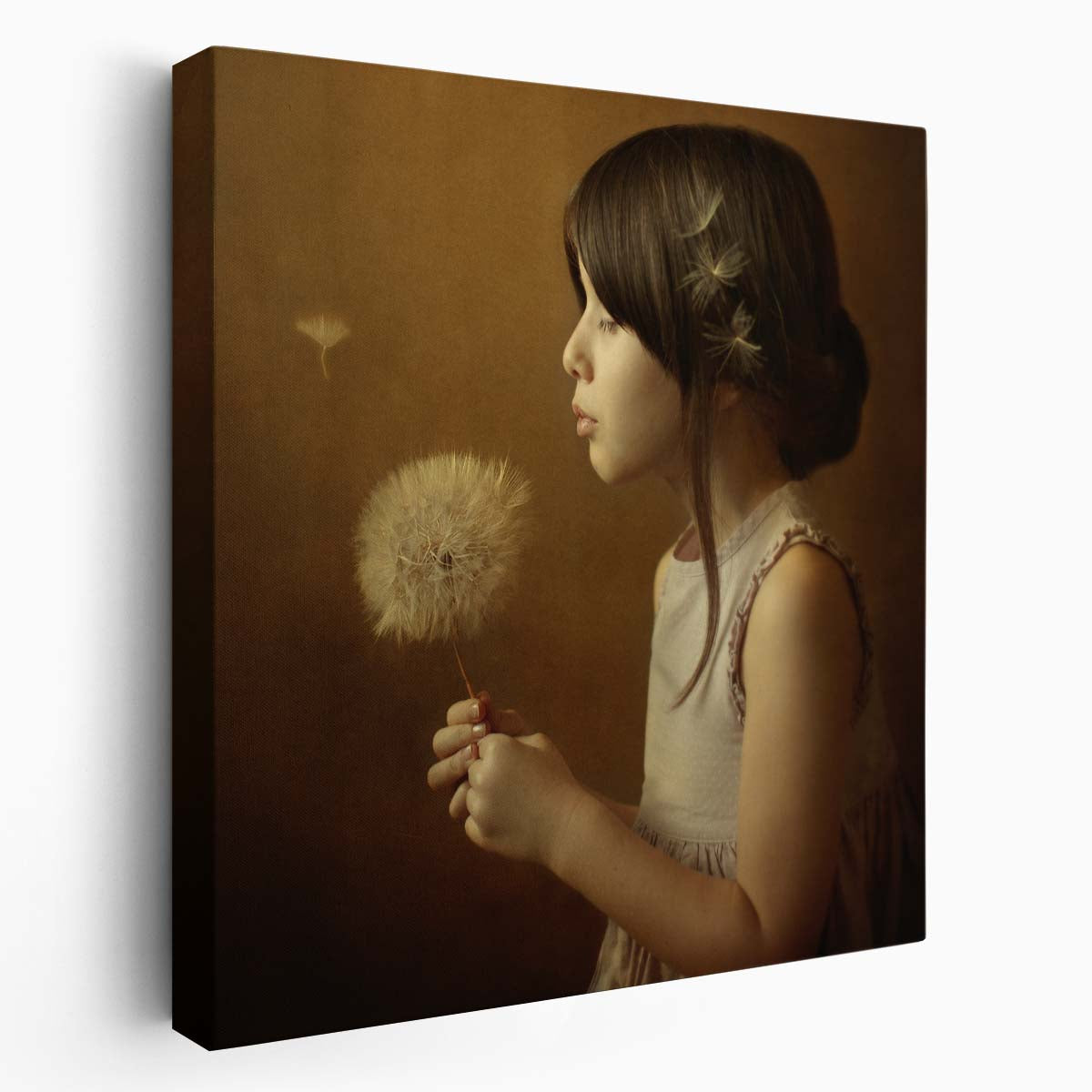 Autumn Serenity Girl Blowing Dandelion Sepia Portrait Wall Art by Luxuriance Designs. Made in USA.