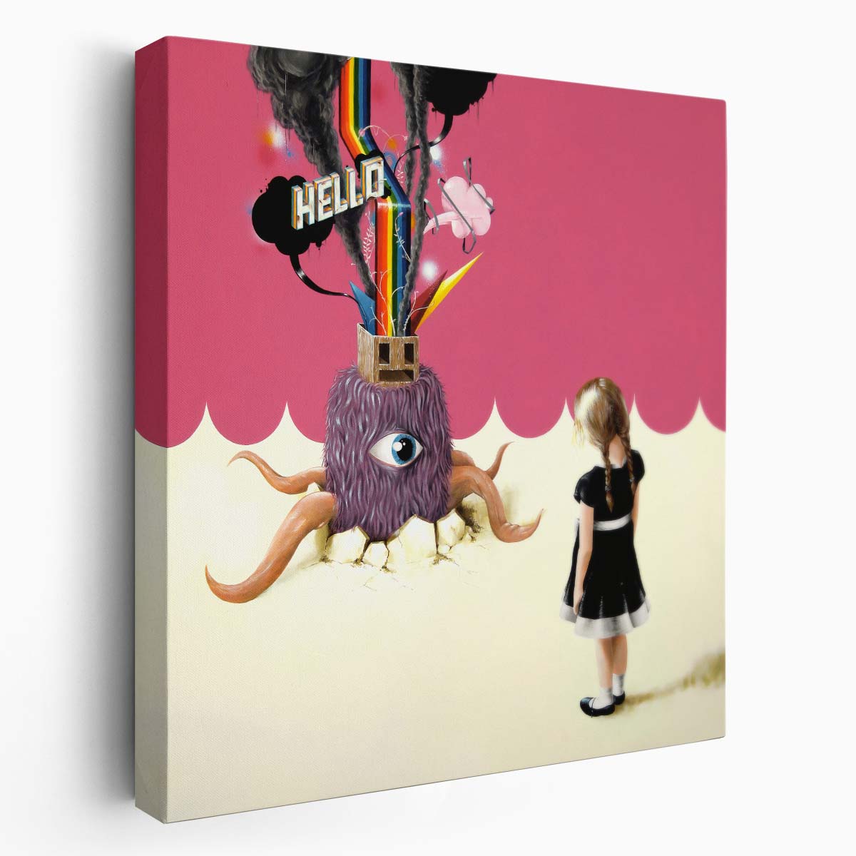 Surreal Colorful Illustration of Little Girl & Monster Wall Art by Luxuriance Designs. Made in USA.