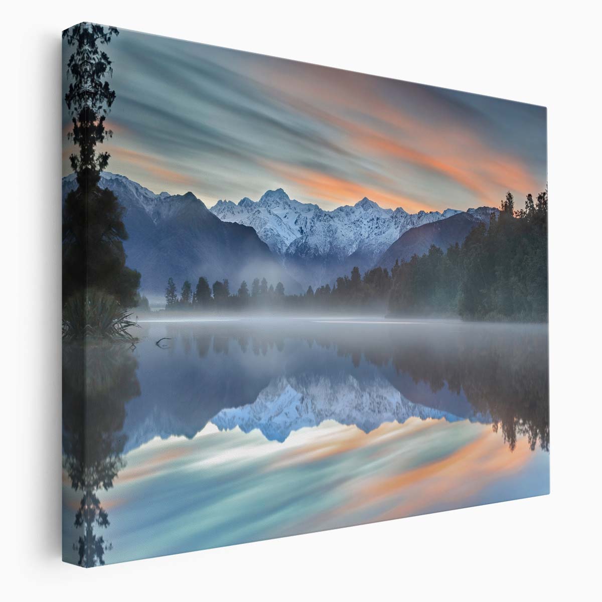 Serene Lake Matheson Reflection Sunrise Wall Art by Luxuriance Designs. Made in USA.