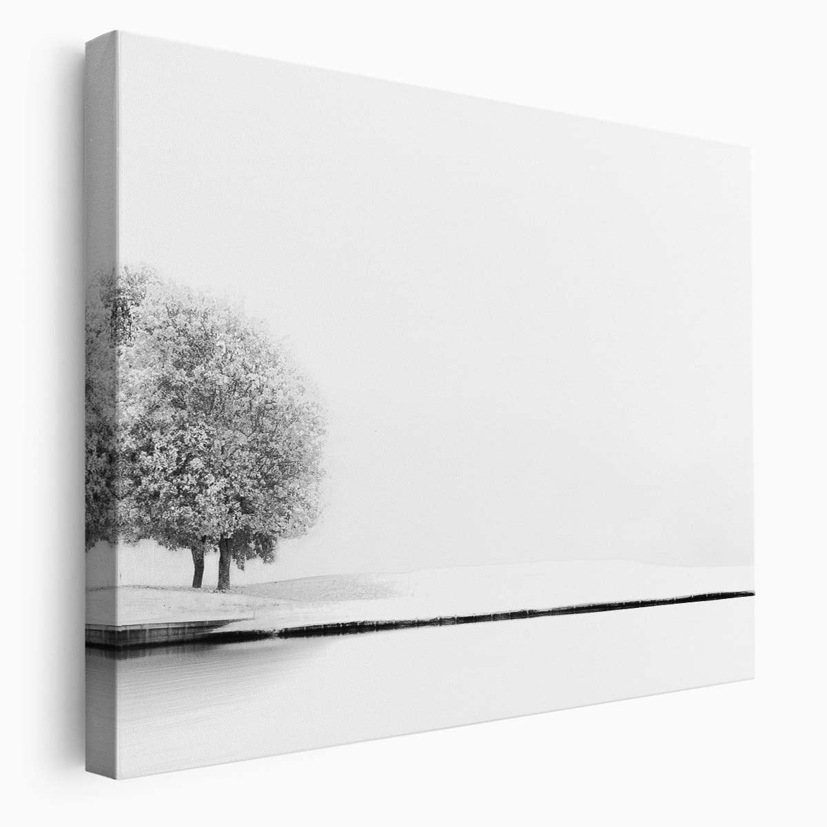 Minimalist Winter Snowscape Monochrome Lake Wall Art by Luxuriance Designs. Made in USA.