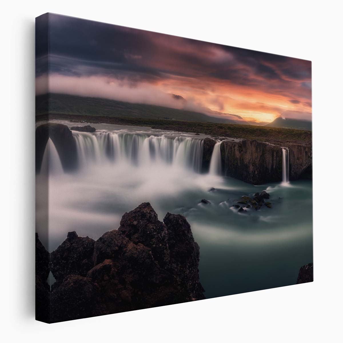 Icelandic Godafoss Waterfall Sunset Panorama - Majestic Landscape Photography Wall Art