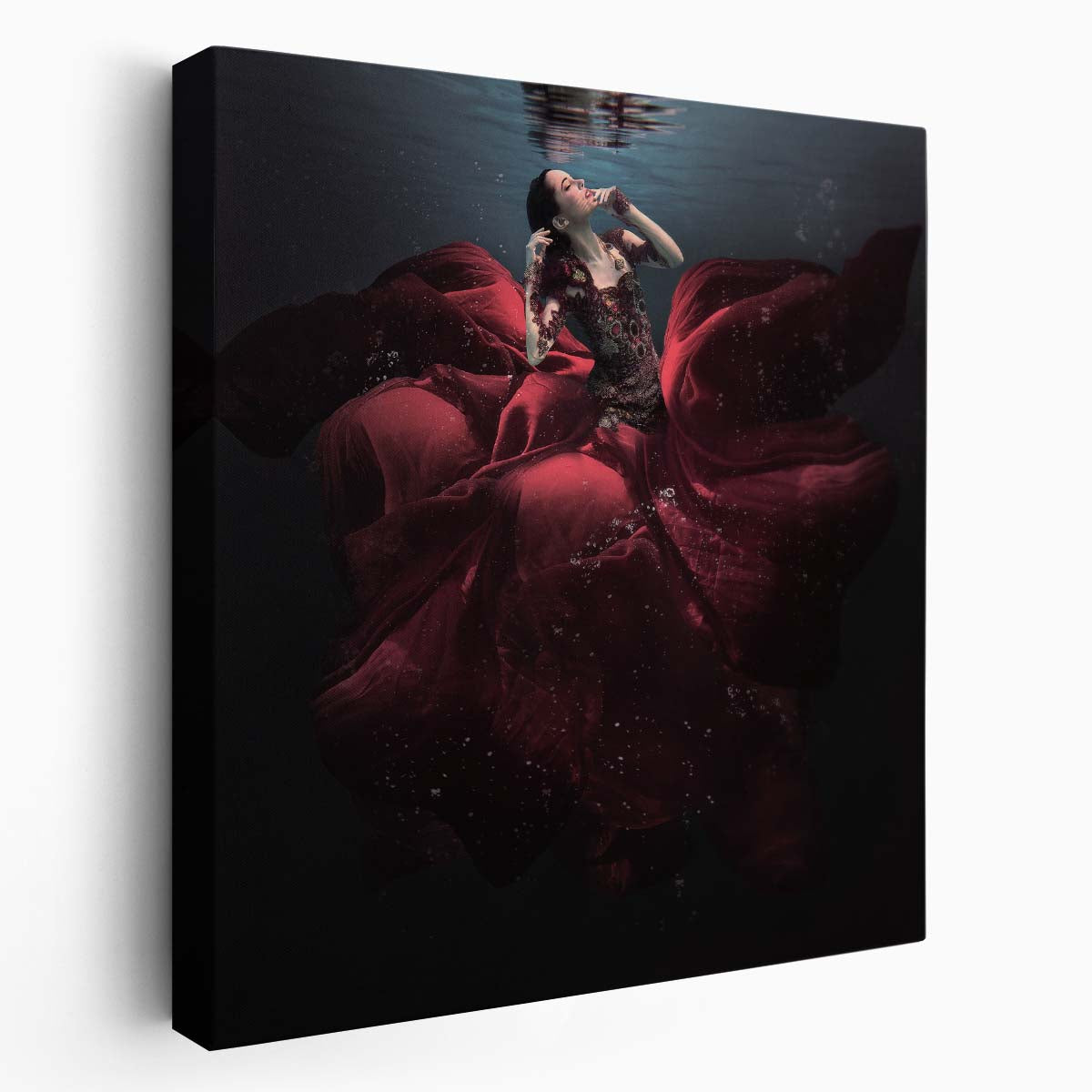 Enchanting Lady in Red with Roses Underwater Photography Wall Art by Luxuriance Designs. Made in USA.