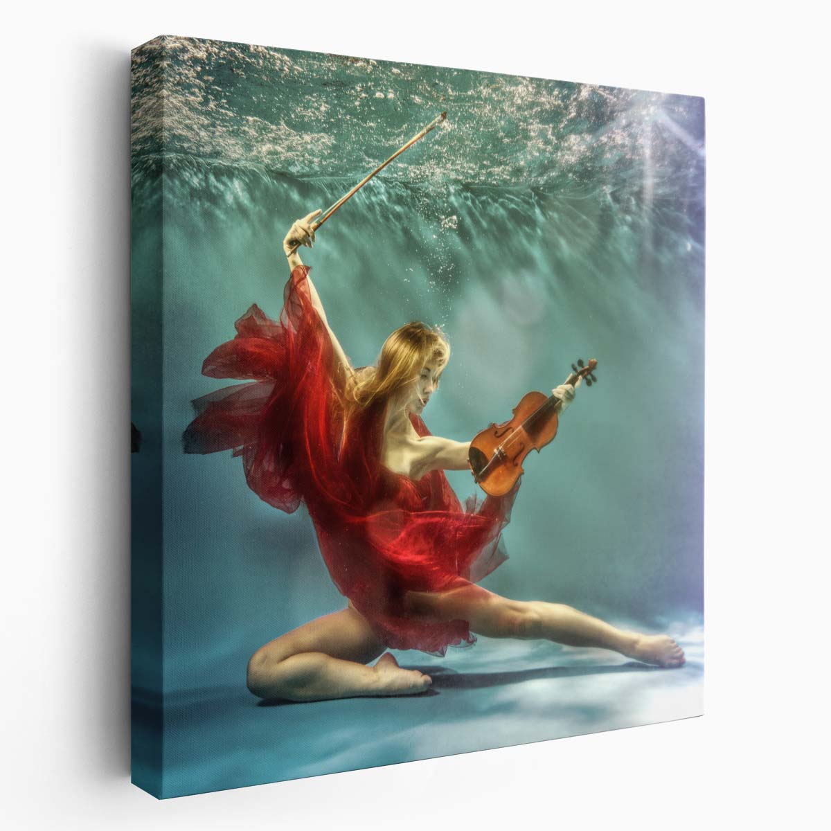 Enchanting Underwater Violinist Performance Romantic Art Photography Wall Art by Luxuriance Designs. Made in USA.