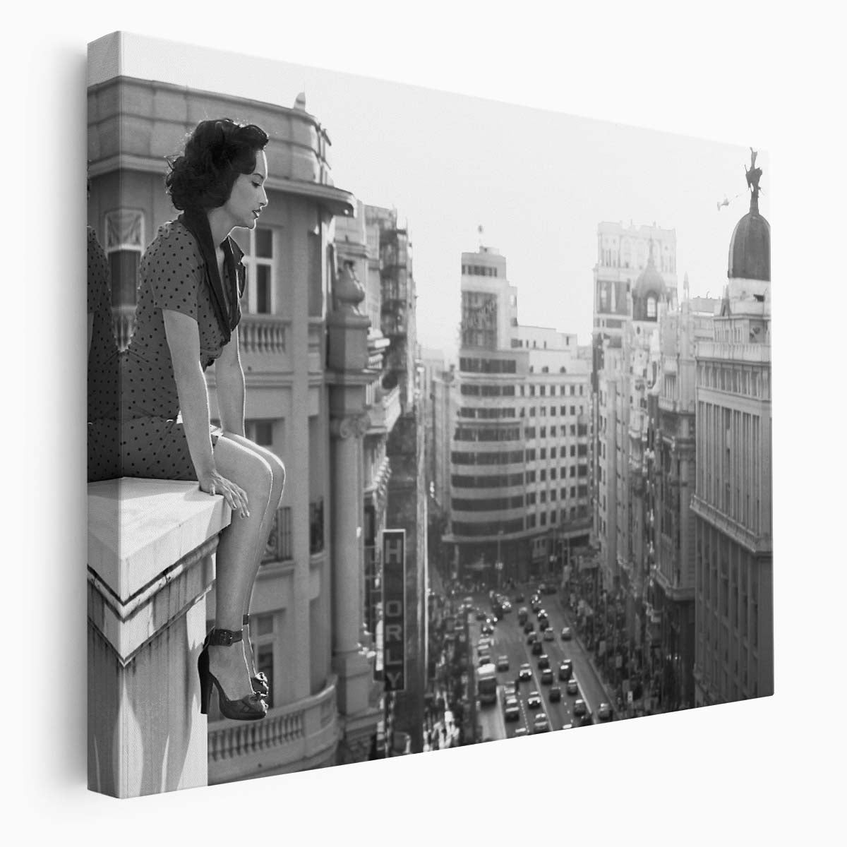 Vintage Madrid Rooftop View Woman in Monochrome Wall Art