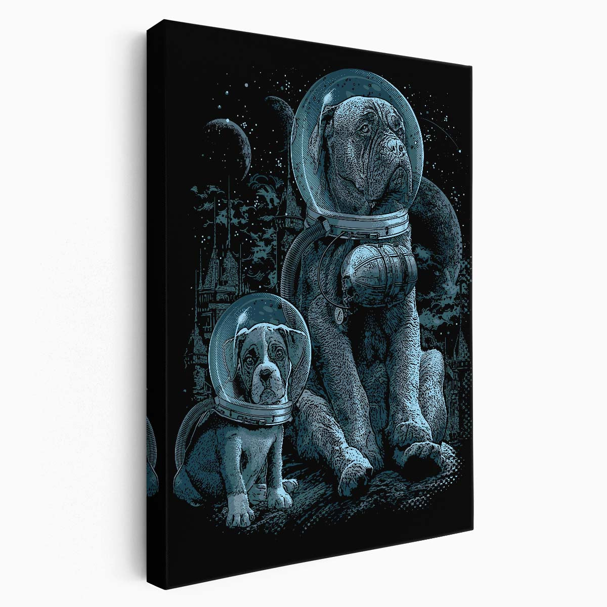 Monochrome Astronaut Dogs and Cats Space Illustration Wall Art by Luxuriance Designs, made in USA