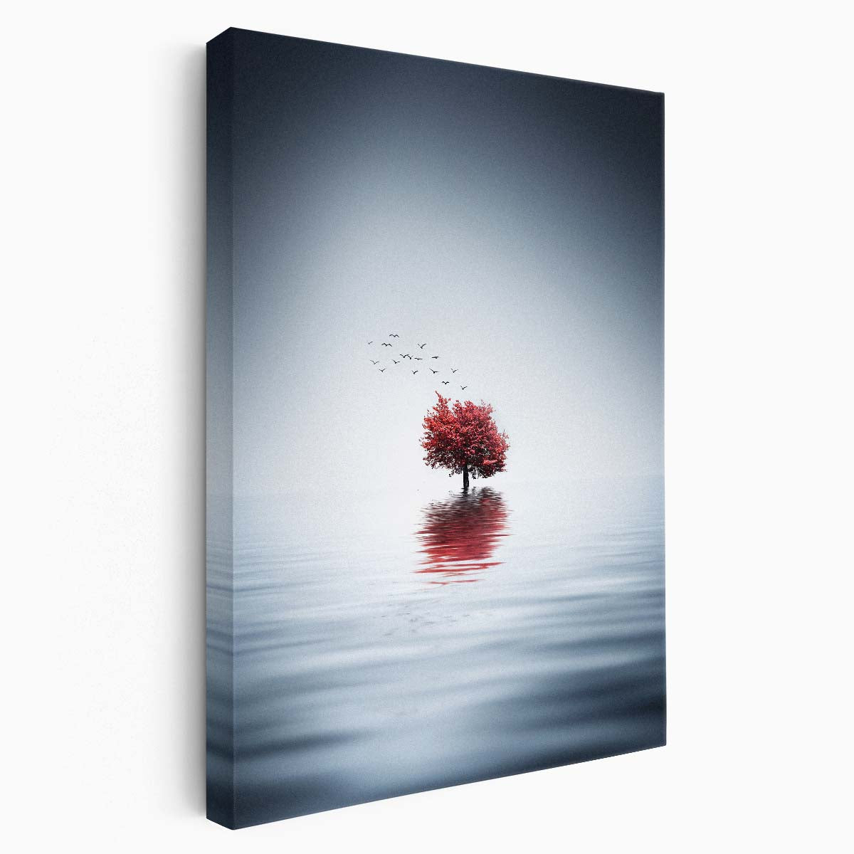 Autumn Tree Reflection in Surreal Blue Lake - Minimalistic Landscape Photography by Luxuriance Designs, made in USA
