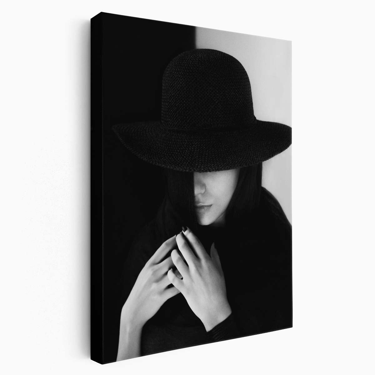 Monochrome Yin-Yang Portrait Photography of Shy Woman with Hat by Luxuriance Designs, made in USA