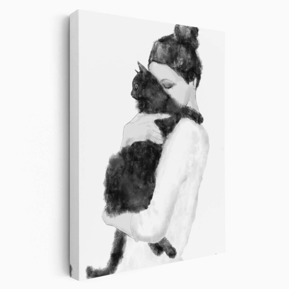 Romantic Watercolor Illustration of Woman Embracing Cat, Monochrome by Luxuriance Designs, made in USA