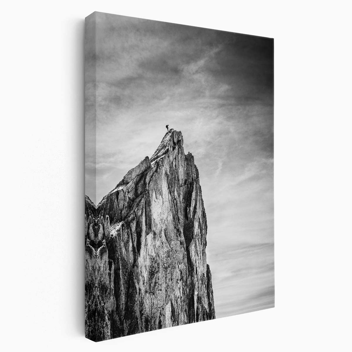 Adrenaline-Filled Mountain Climbing Adventure, Monochrome Hiker Photography Art by Luxuriance Designs, made in USA