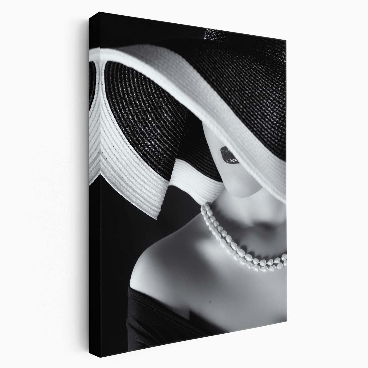 Sensual Monochrome Fashion Portrait of Woman with Pearls & Hat Photography by Luxuriance Designs, made in USA