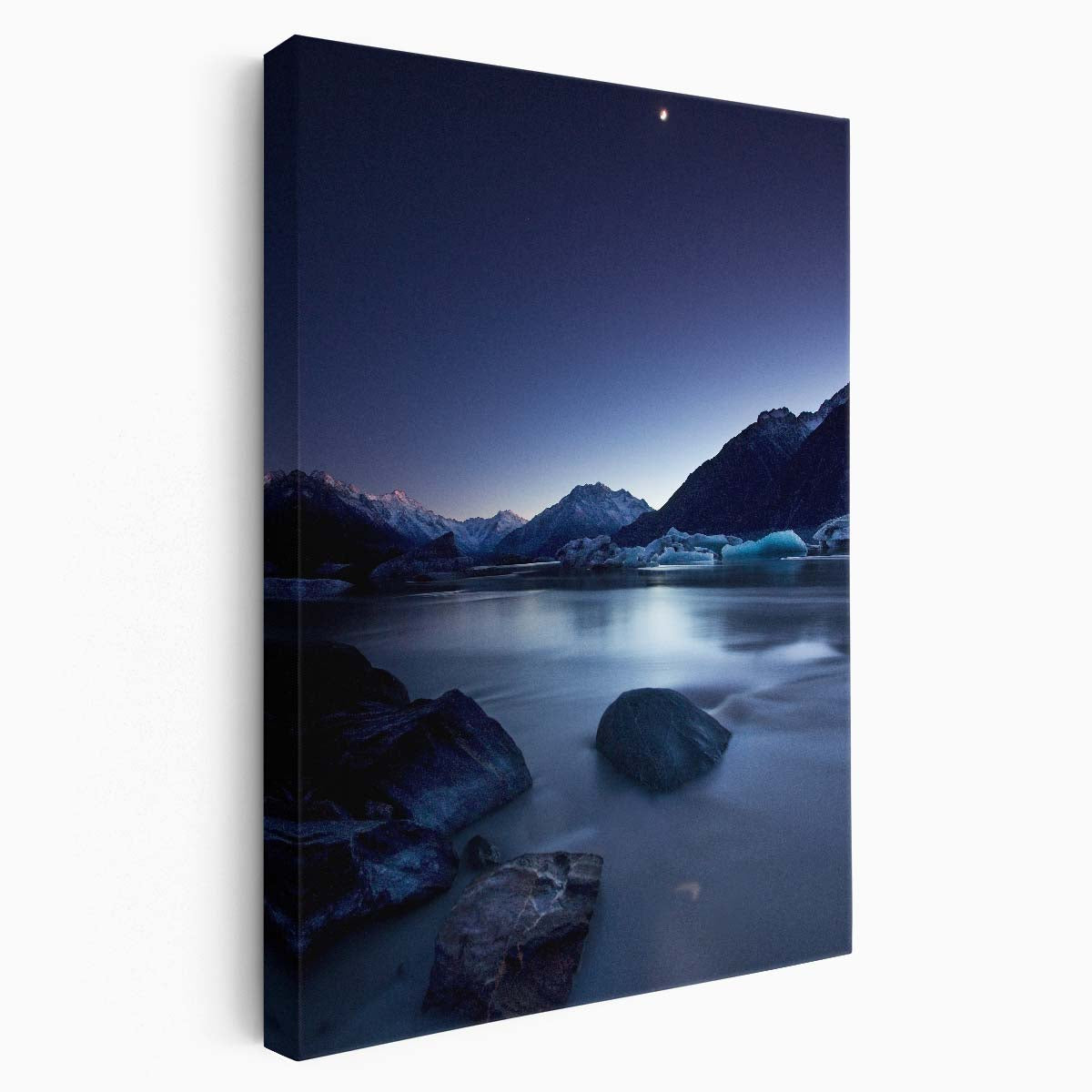 Blue Moonlit New Zealand Seascape Photography Serene Mountain and River Landscape by Luxuriance Designs, made in USA