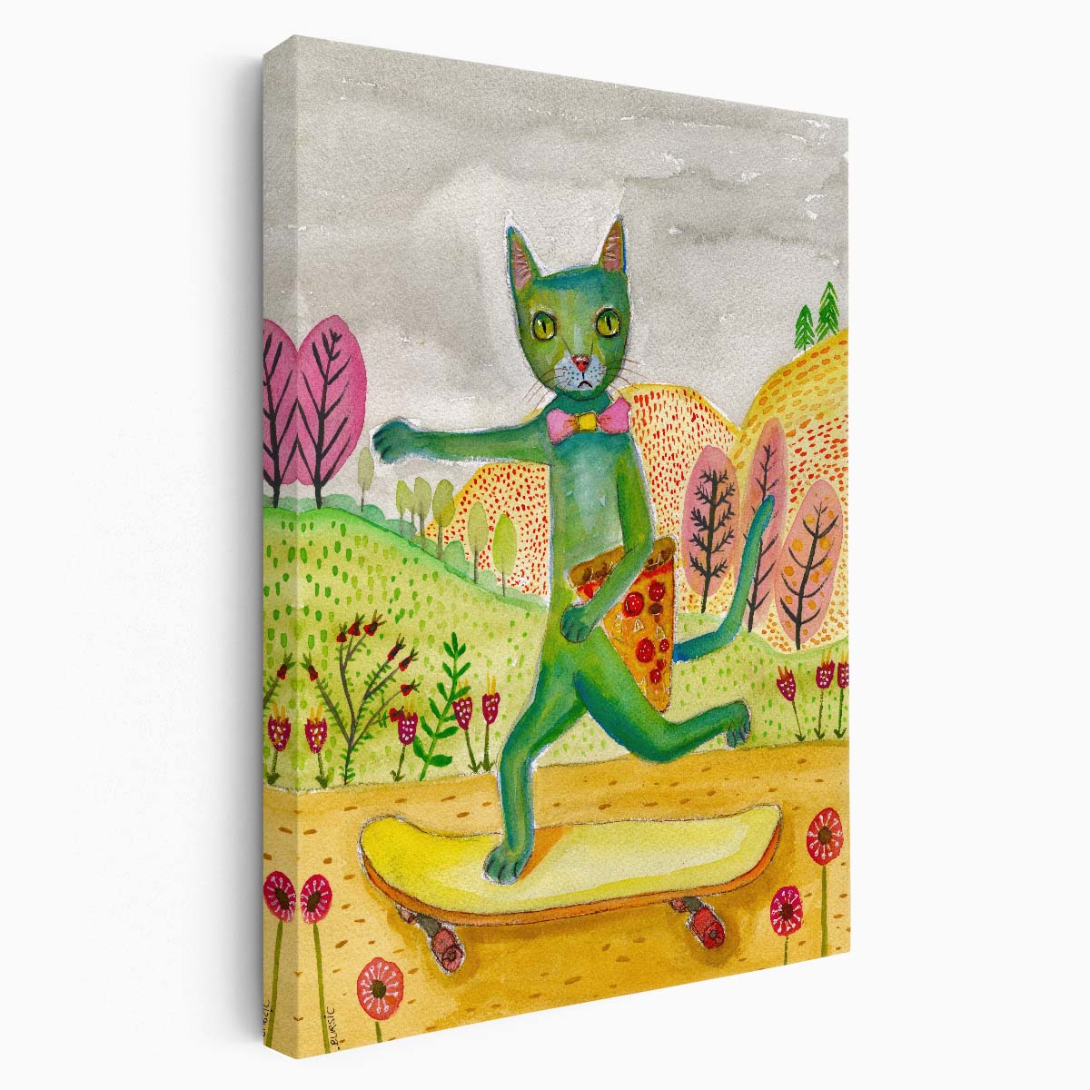 Colorful Pizza Cat Skateboarding Illustration with Floral Botanical Design by Luxuriance Designs, made in USA