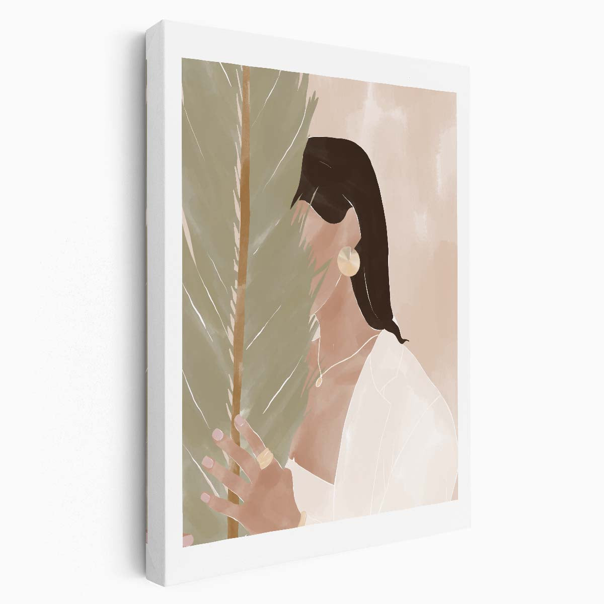 Botanical Boho Girl Portrait, Brunette with Plant Illustration Artwork by Luxuriance Designs, made in USA