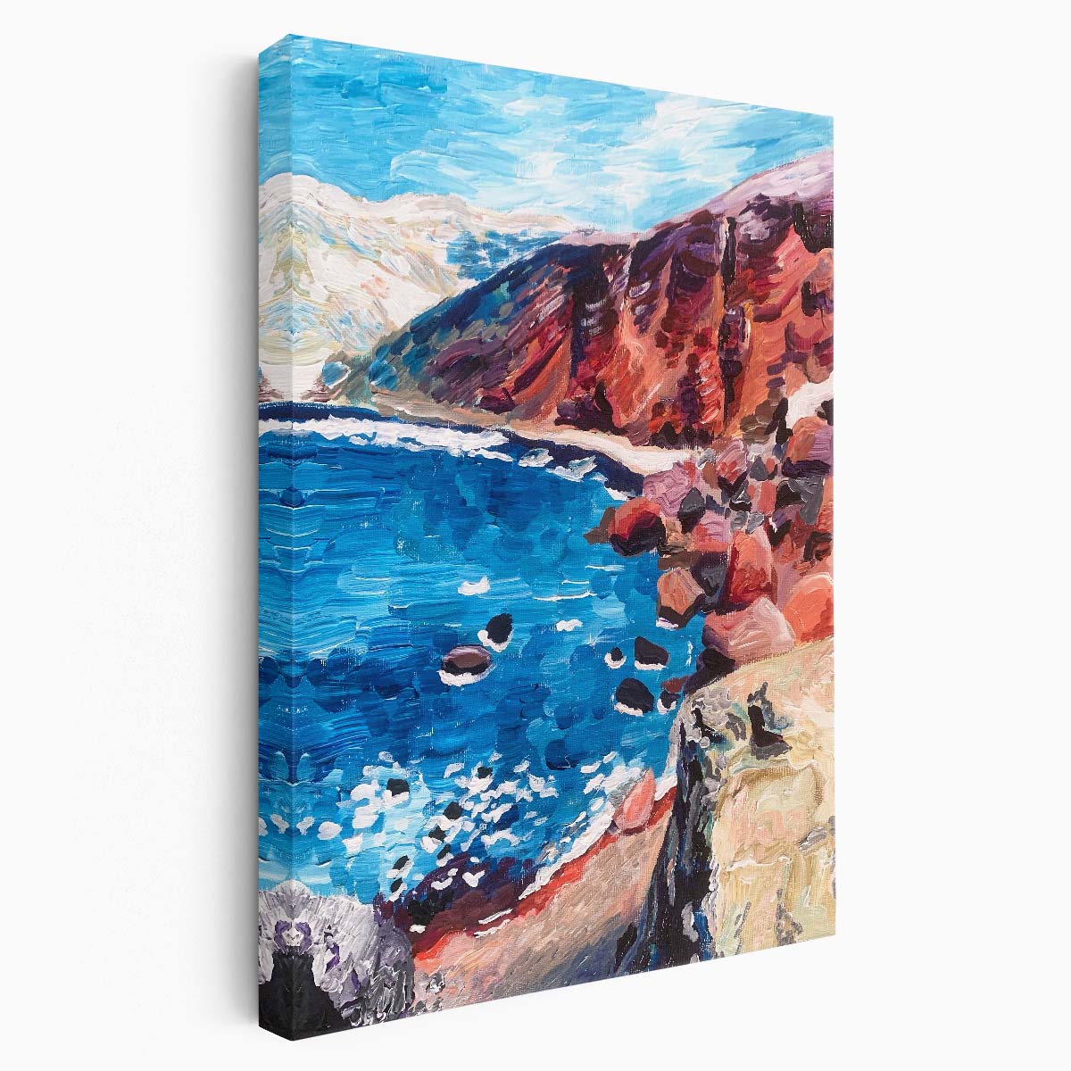 Santorini Red Sand Beach Acrylic Illustration Artwork, Greece Coastal Landscape by Luxuriance Designs, made in USA