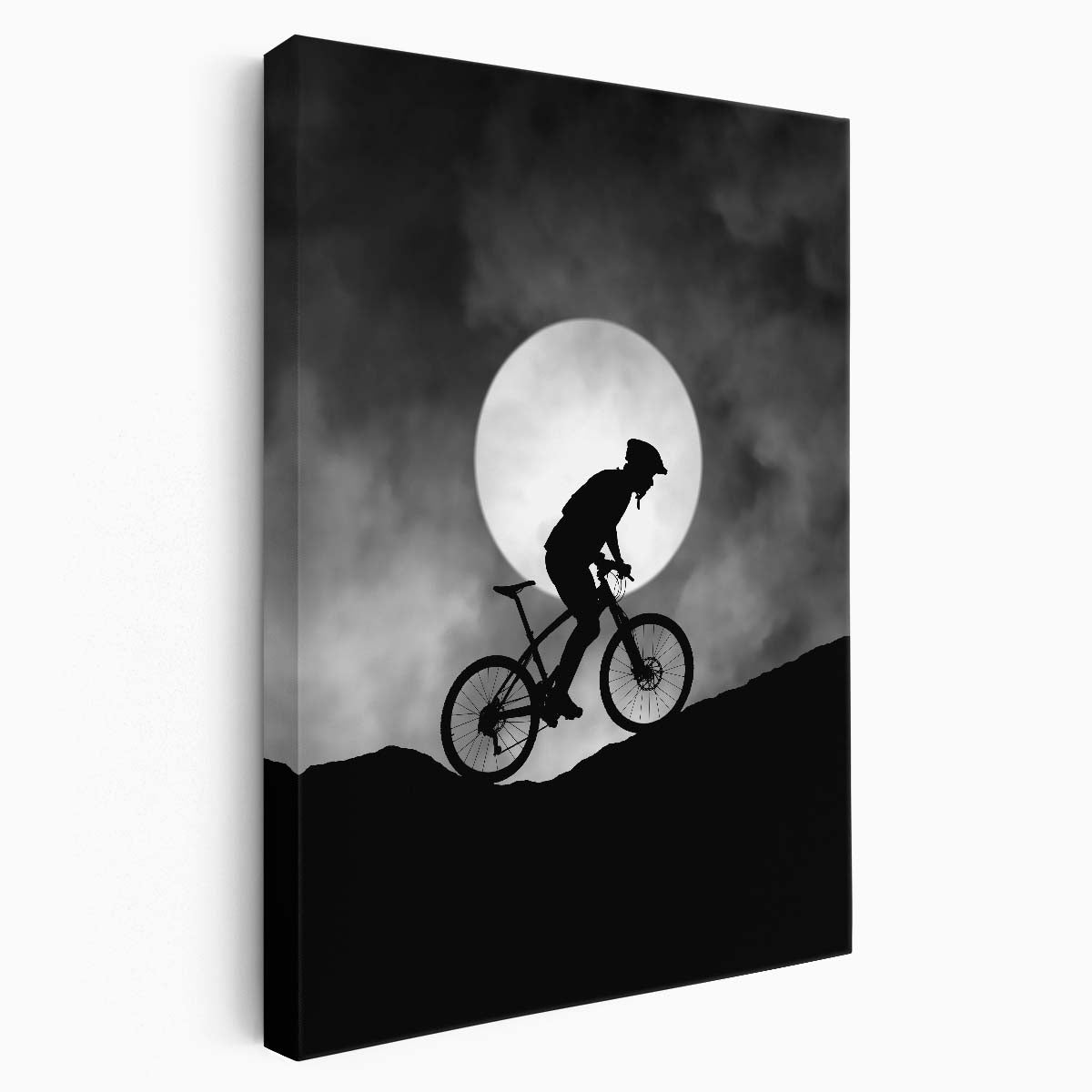 Silhouetted Man on Moonlit Mountain Bike, Surreal Sports Photography by Luxuriance Designs, made in USA
