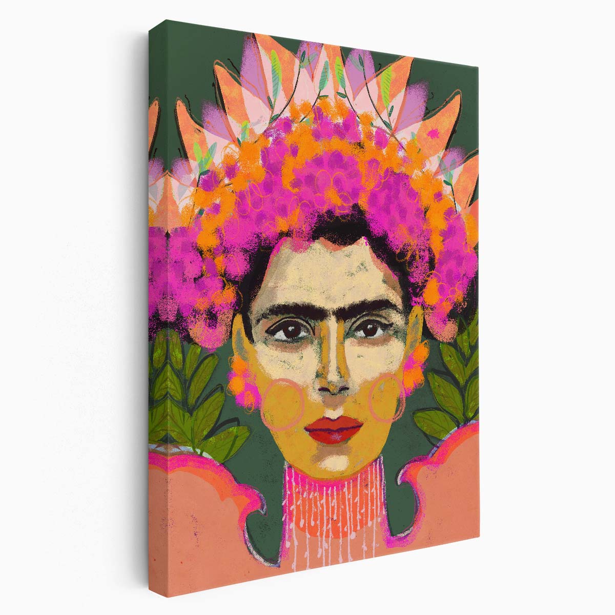 Frida Kahlo Colorful Portrait Illustration with Floral Wreath by Treechild by Luxuriance Designs, made in USA
