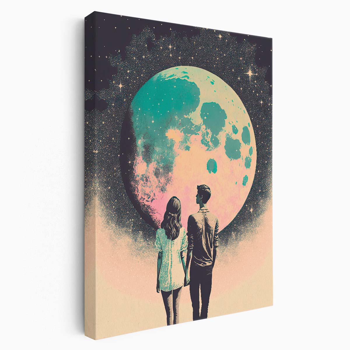 Pastel Moonlit Love Illustration Starry Night Couple Wall Art by Luxuriance Designs, made in USA