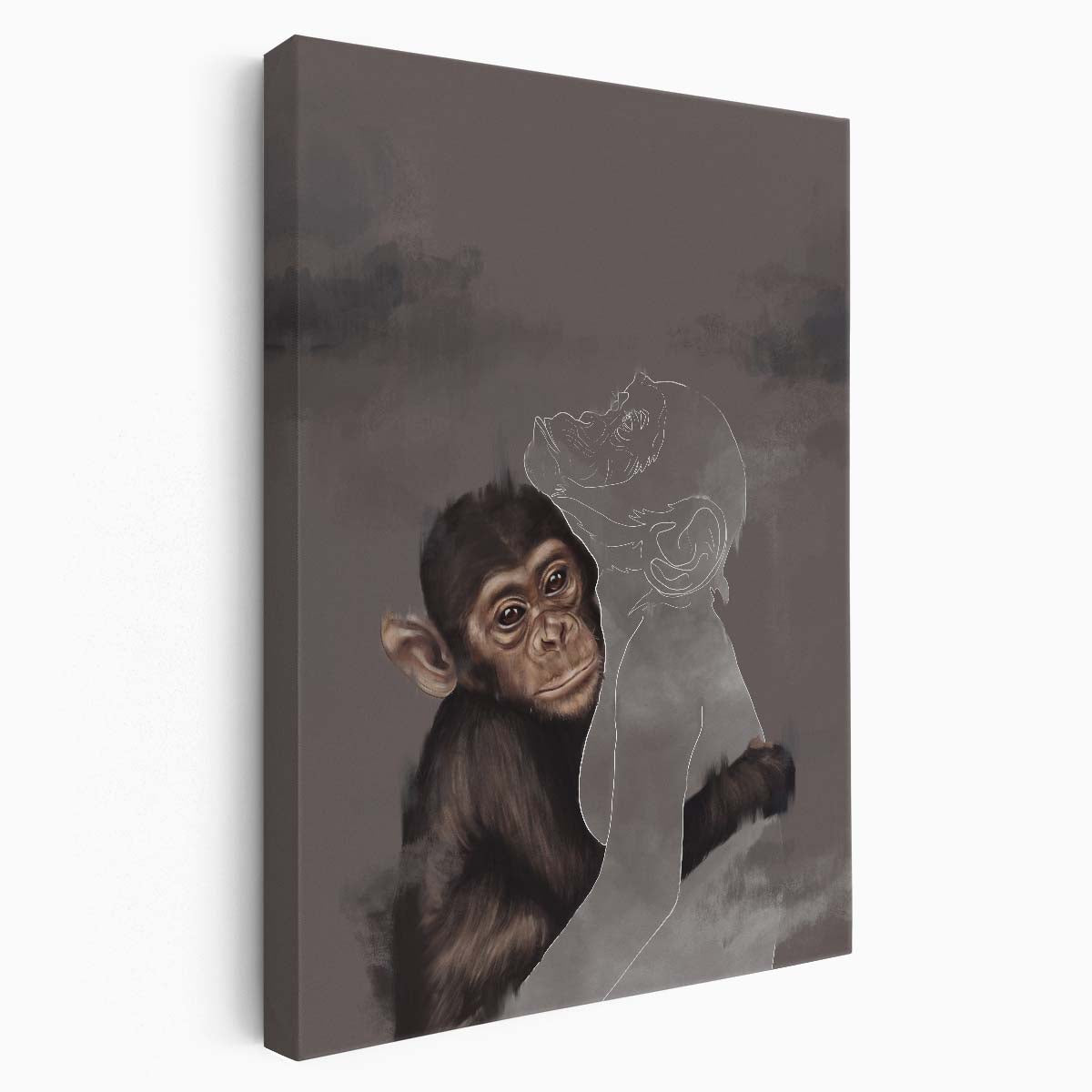 Cute Chimp Siblings Embrace Watercolor Illustration Wall Art by Luxuriance Designs, made in USA