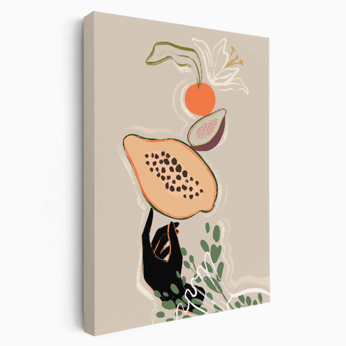Colorful Boho Illustration of Woman Balancing Fresh Fruits in Kitchen by Luxuriance Designs, made in USA
