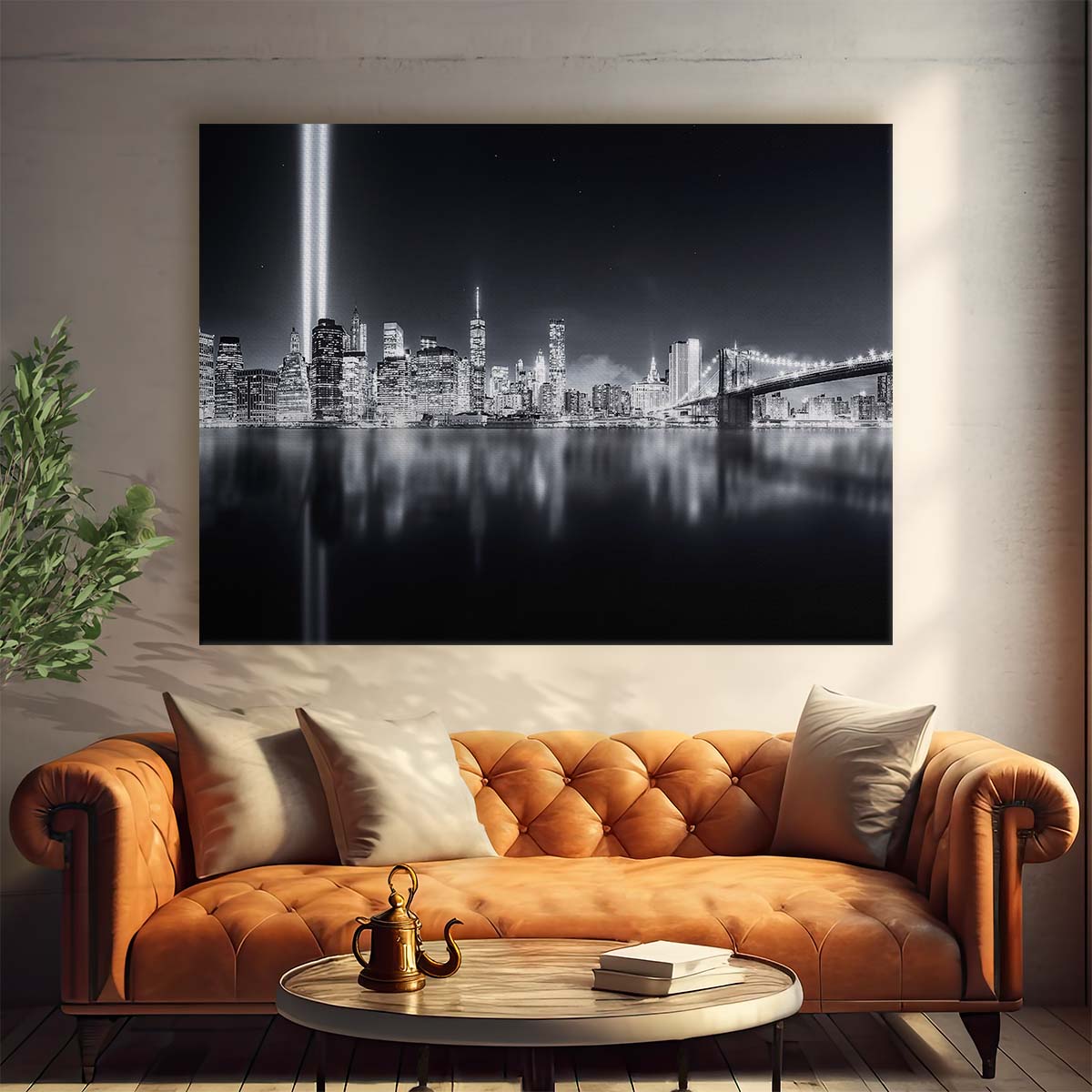 NYC Skyline & Brooklyn Bridge Night Panorama Wall Art by Luxuriance Designs. Made in USA.