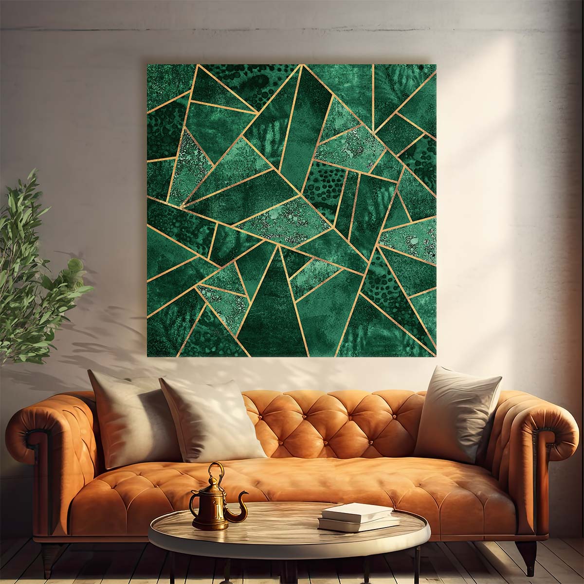 Emerald & Gold Geometric Lines Abstract Wall Art Illustration by Luxuriance Designs. Made in USA.