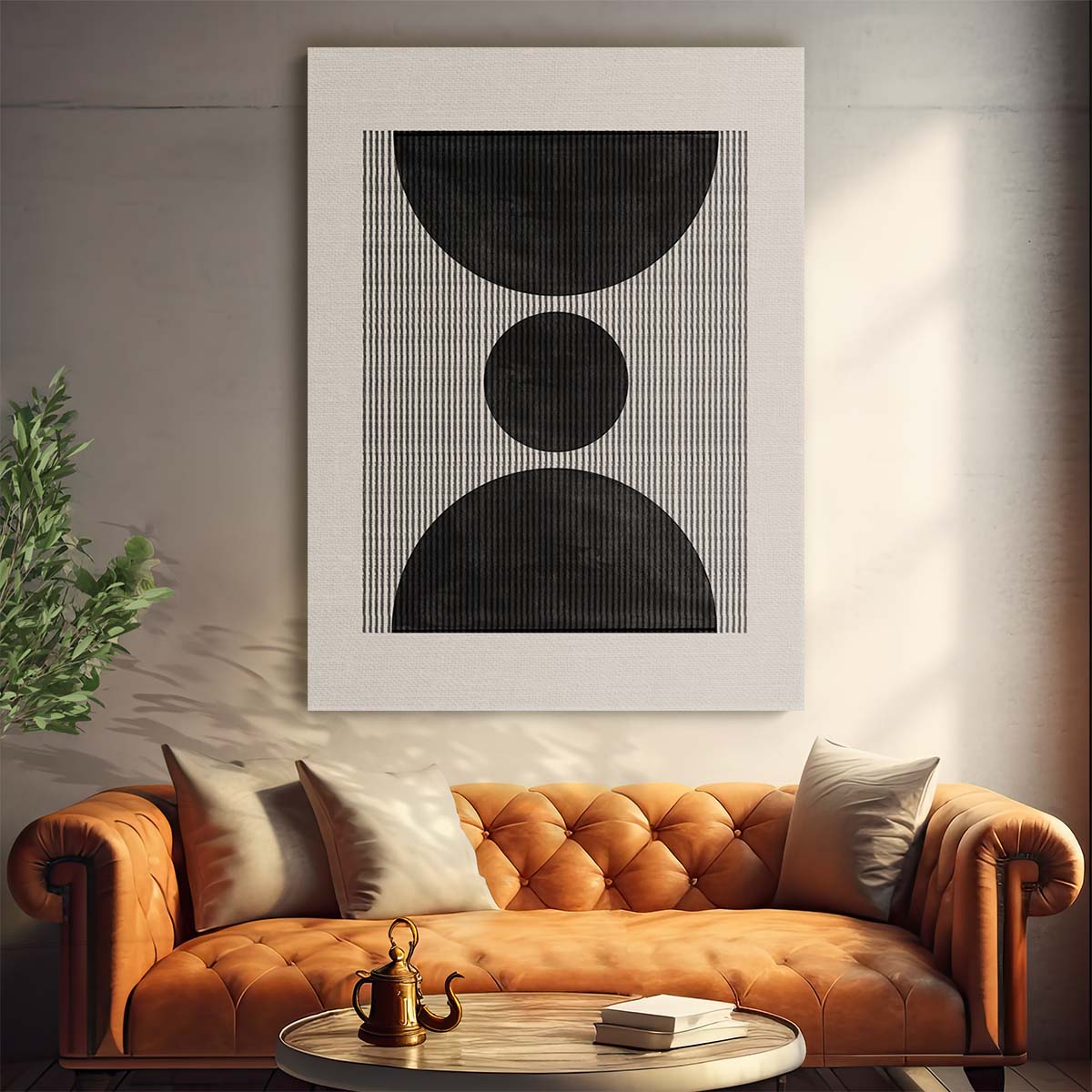 Mid-Century Beige Geometric Illustration Art with Abstract Shapes by Luxuriance Designs, made in USA