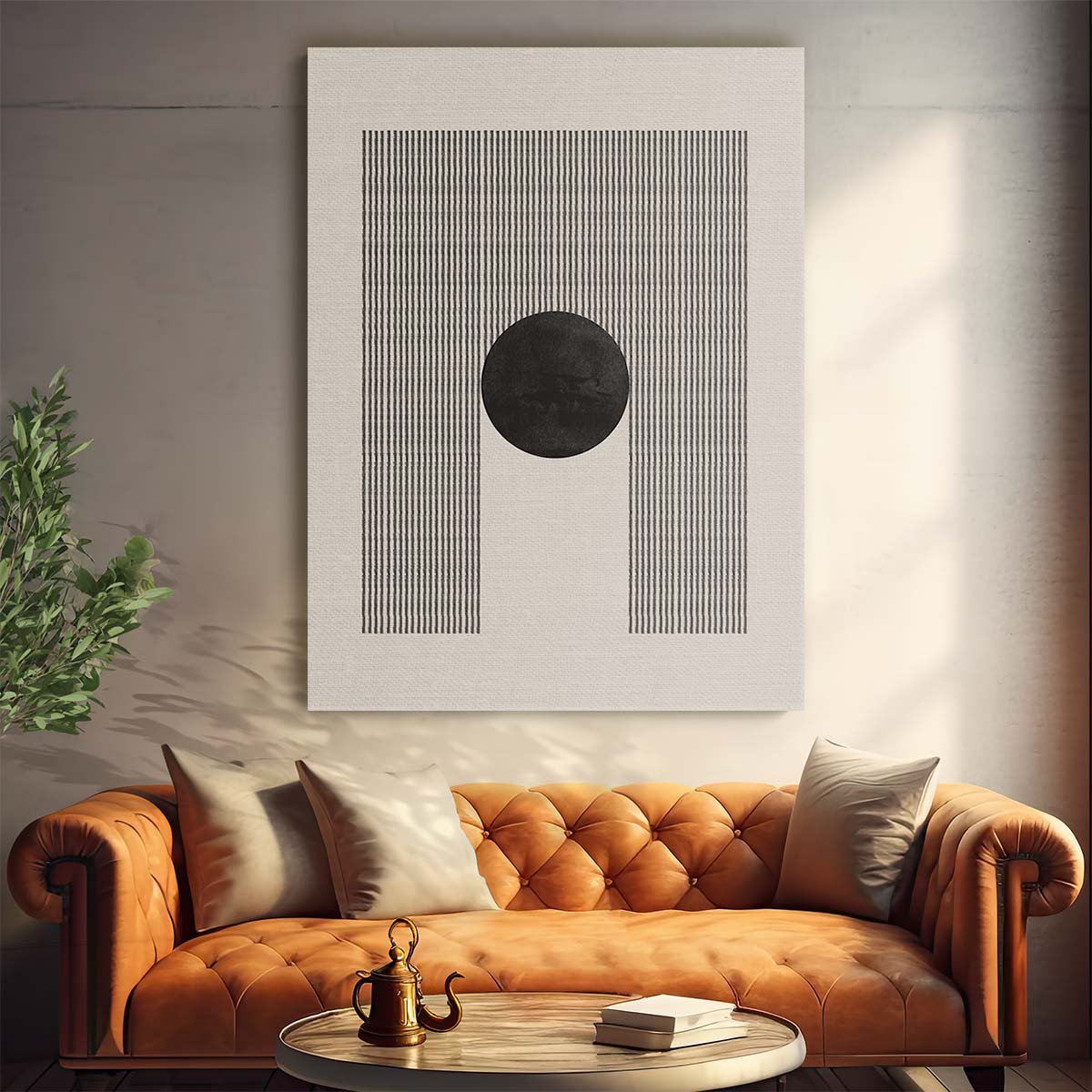 Mid-Century Geometric Abstract Illustration Art, Beige Circle Lines by MIUUS Studio by Luxuriance Designs, made in USA