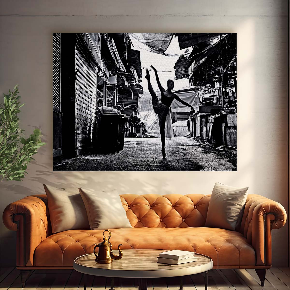 Graceful Ballerina Dancing in Monochrome Alley Wall Art by Luxuriance Designs. Made in USA.