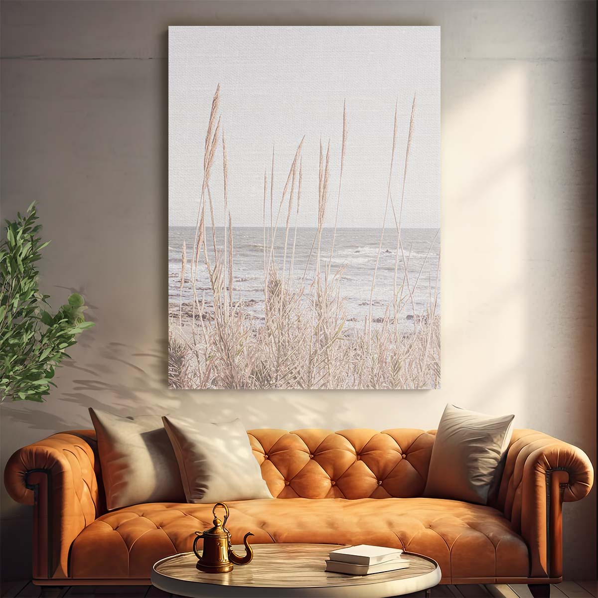 Coastal Landscape Photography Beige Beach, Ocean Horizon, Grass Reeds by Luxuriance Designs, made in USA