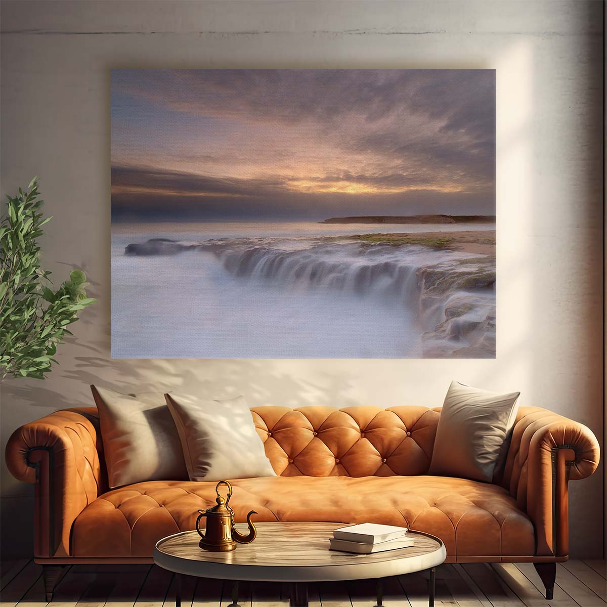 Serene Waterfall & Sunset Seascape Long Exposure Wall Art by Luxuriance Designs. Made in USA.