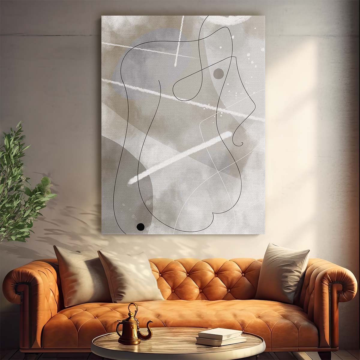 Abstract Line Art Illustration - Geometric Woman in Beige, Gray, Black by Luxuriance Designs, made in USA