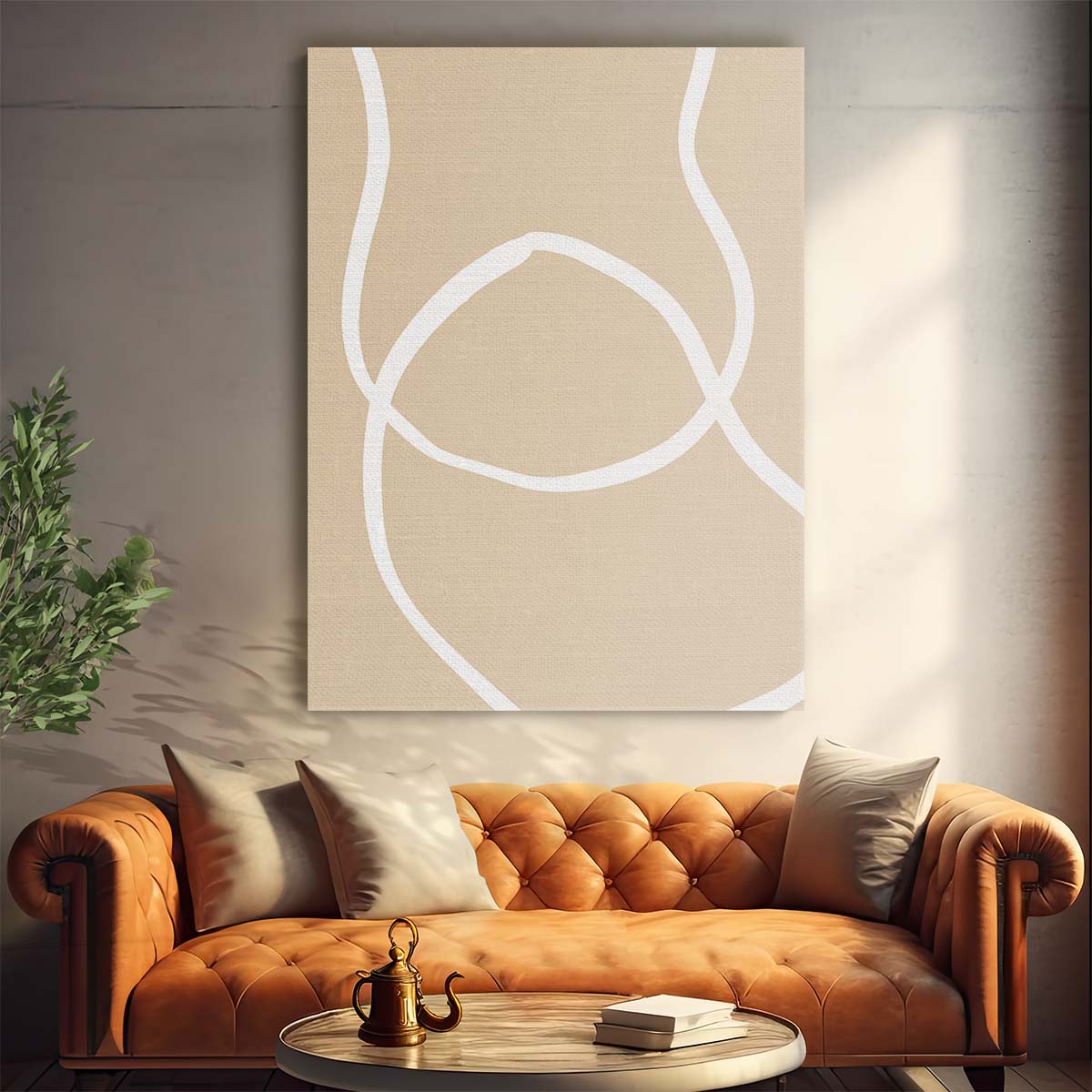 Beige Minimalist Line Art Illustration - Geometric Abstract Shapes by Luxuriance Designs, made in USA