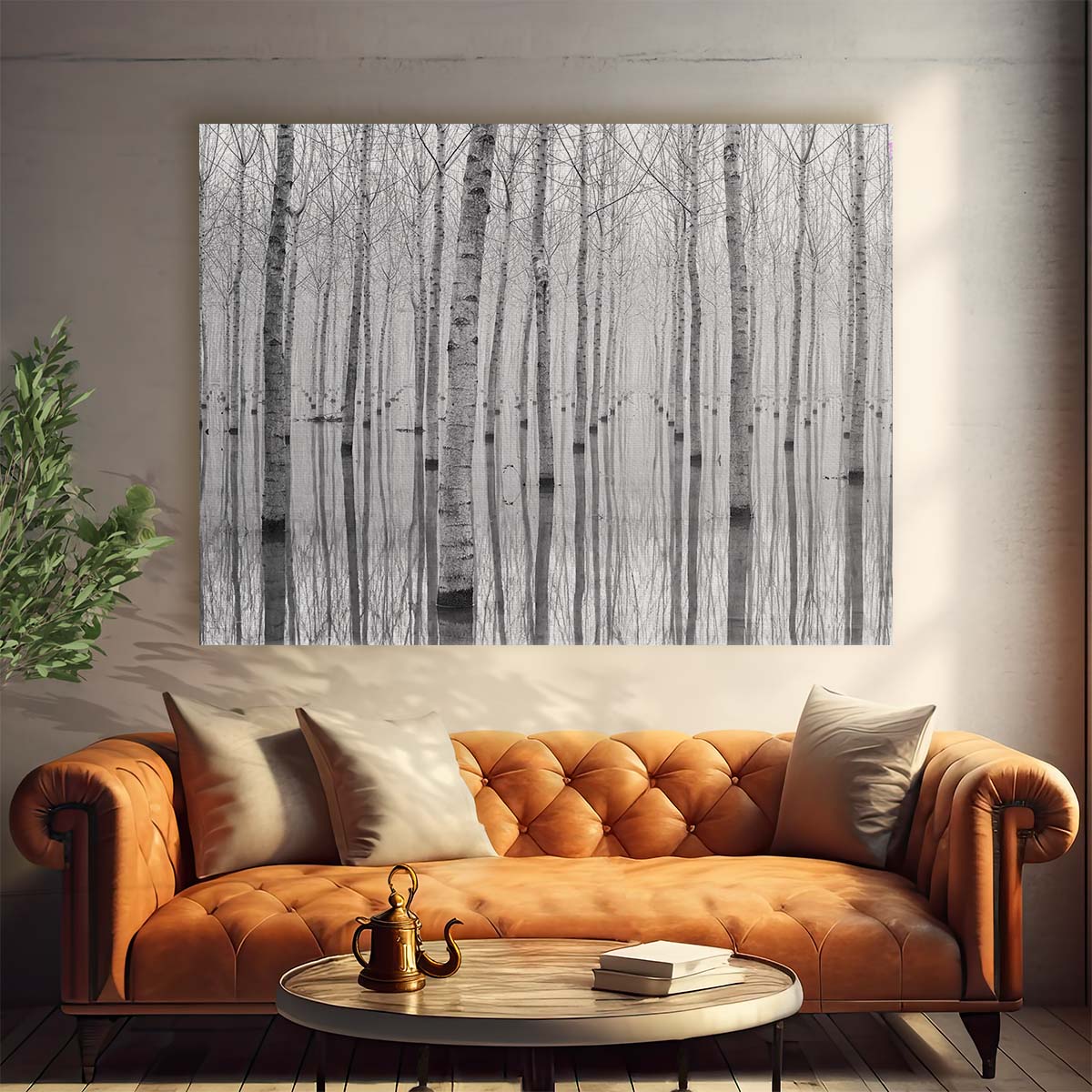 Autumn Birch Forest Reflections Monochrome Wall Art by Luxuriance Designs. Made in USA.