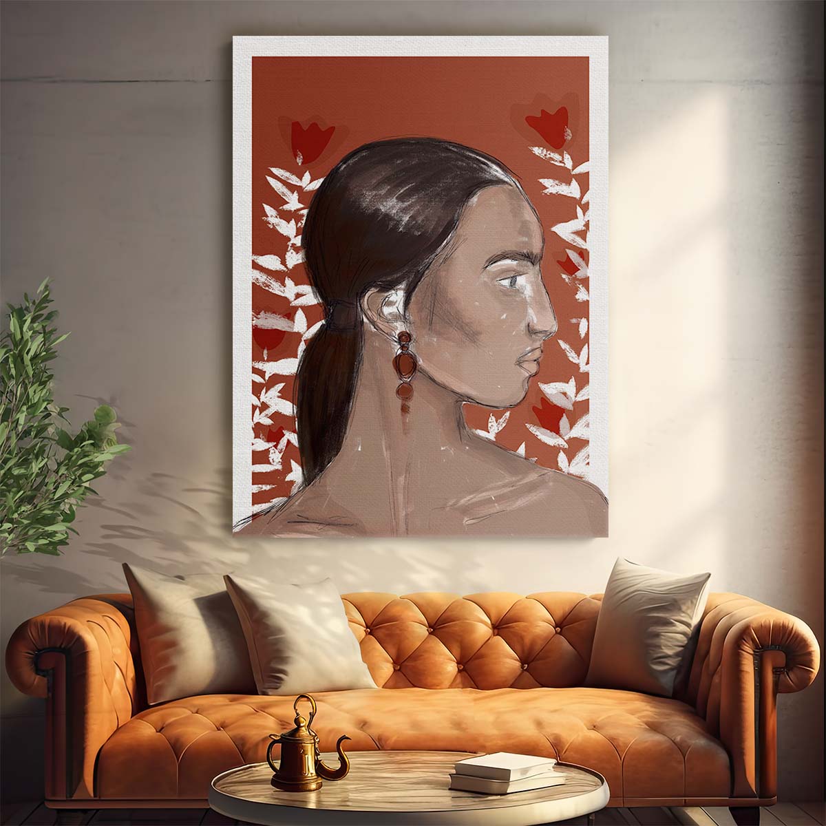 Treechild's Brown Sienna Woman Profile Illustration with Painted Earrings by Luxuriance Designs, made in USA