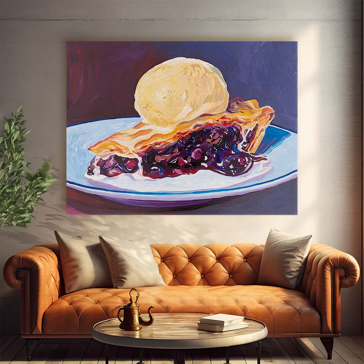 Vibrant Blueberry Pie & Ice Cream Painting Wall Art by Luxuriance Designs. Made in USA.