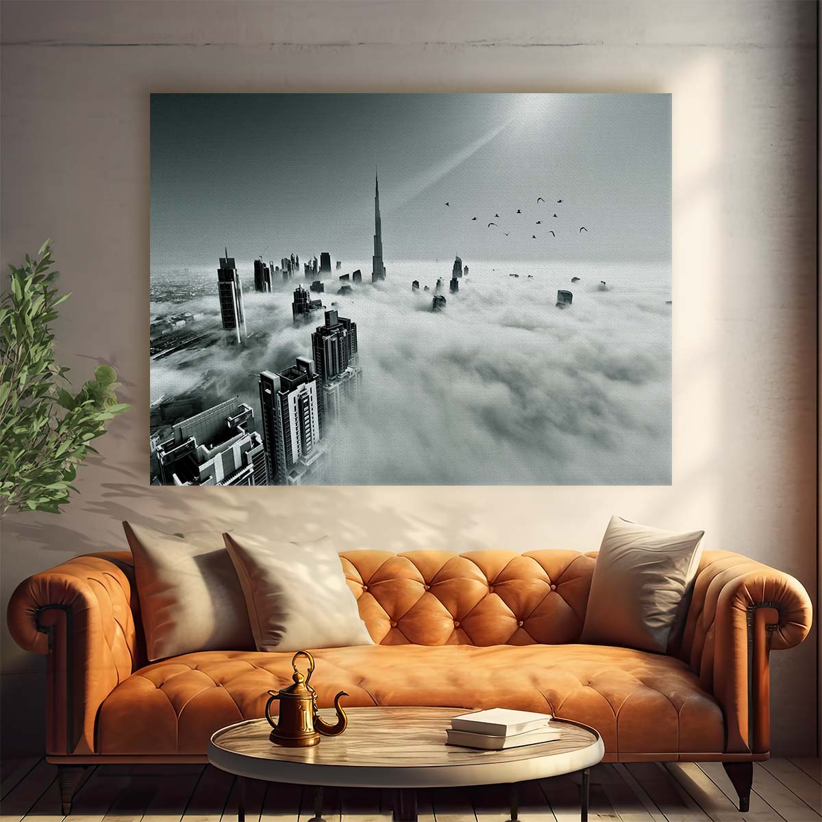 Dubai's Iconic Burj Khalifa Skyline Foggy View Wall Art by Luxuriance Designs. Made in USA.