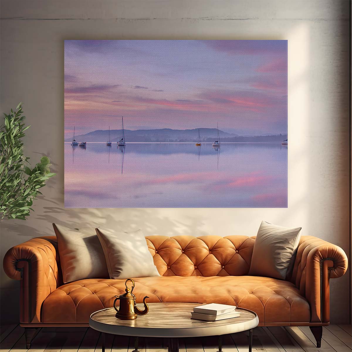 Serene Dawn Seascape Pastel Sailboats Wall Art by Luxuriance Designs. Made in USA.