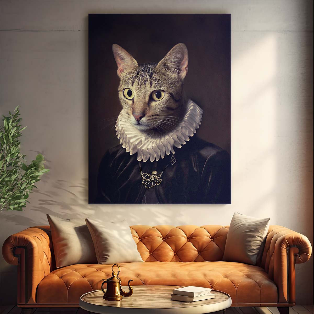 Vintage Renaissance Cat Portrait Photography, Animal Face with Necklace by Luxuriance Designs, made in USA