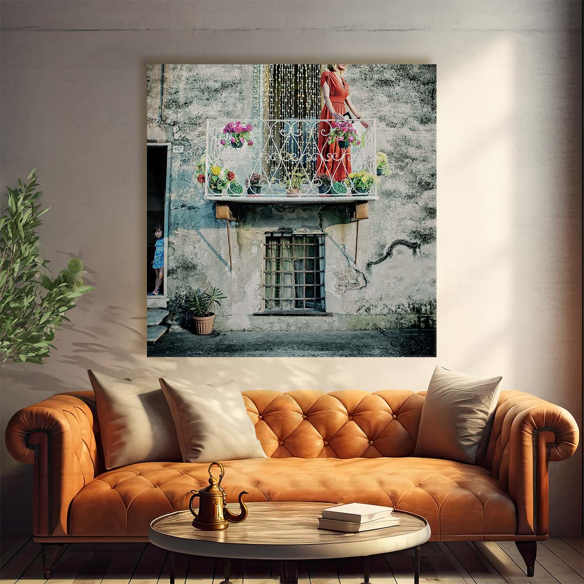 Colorful Summer Floral & Golden Chains Woman Portrait Wall Art by Luxuriance Designs. Made in USA.